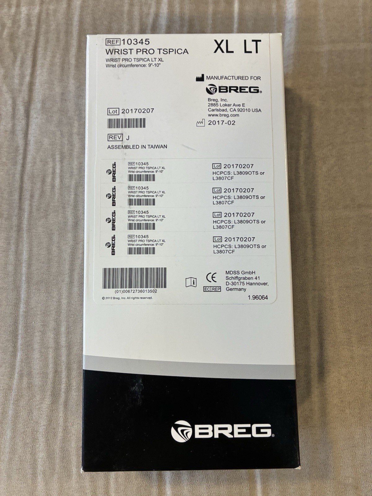 Breg Wrist Pro with Thumb Spica 9”-10” X-Large Left 10345 New In Box