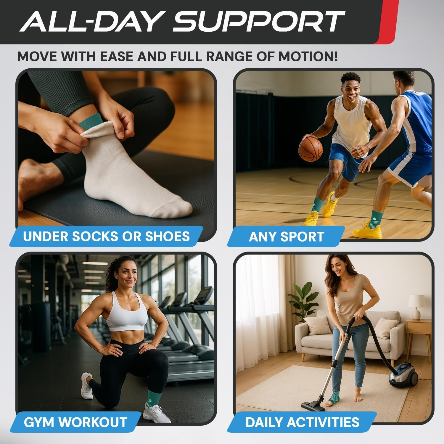 Ankle Brace Compression Sleeve for Sprains & Plantar Fasciitis Relief – Adjustab