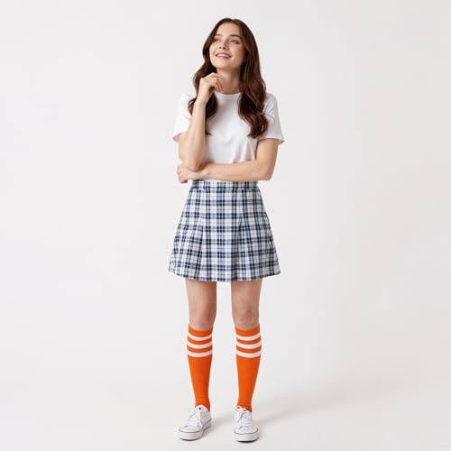 Cotton Knee High Socks Triple Stripes Over the Calf 9-13 A04-orange/White