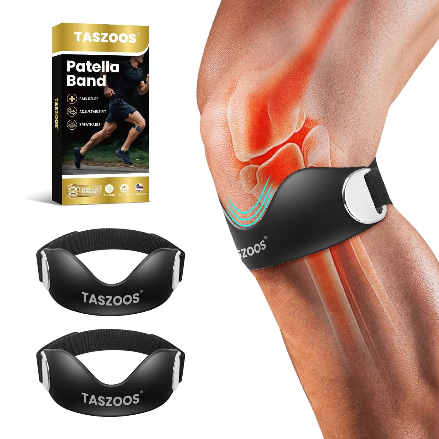 TAZSOOS Patellar Tendon Support Strap – (2 Pack) Adjustable Non-Slip Knee Strap