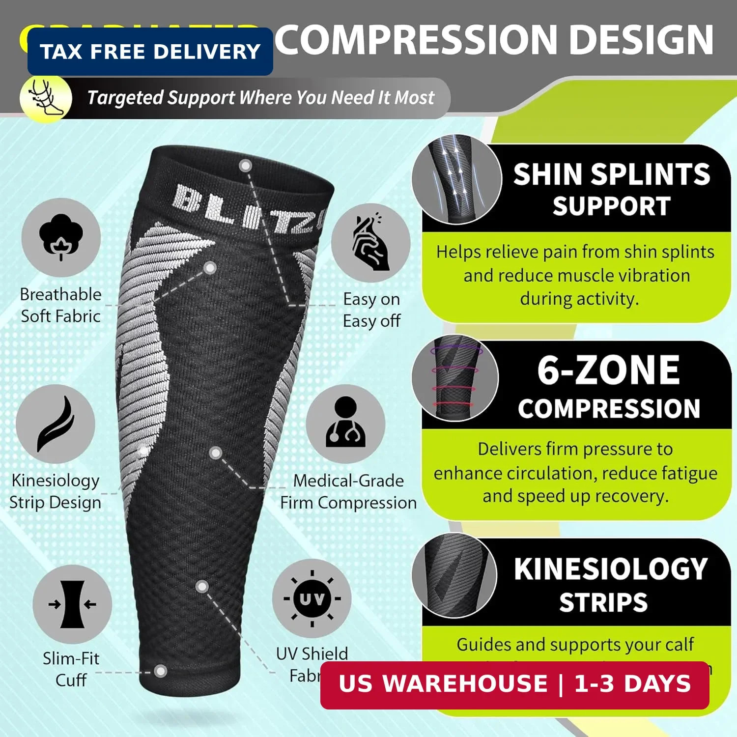 BLITZU Calf Compression Sleeve for Men & Women Footless Compression Socks Suppor