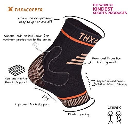 THX4COPPER Infused Compression Ankle Brace,Silicone Sleeve Small, Black