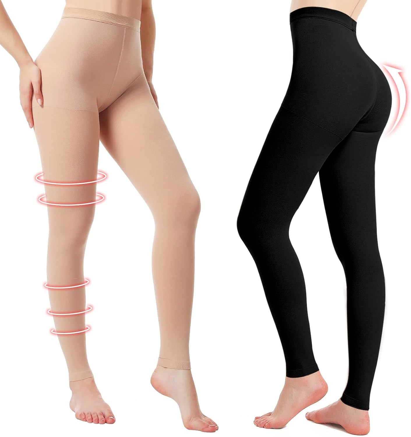 2 Pairs Medical Compression Pantyhose for Women, 20-30mmHg Graduated Support Tig