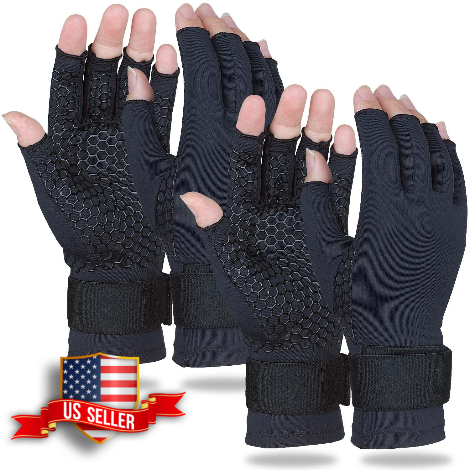 Copper Arthritis Compression Gloves with Adjustable Strap, Fingerless, S/M