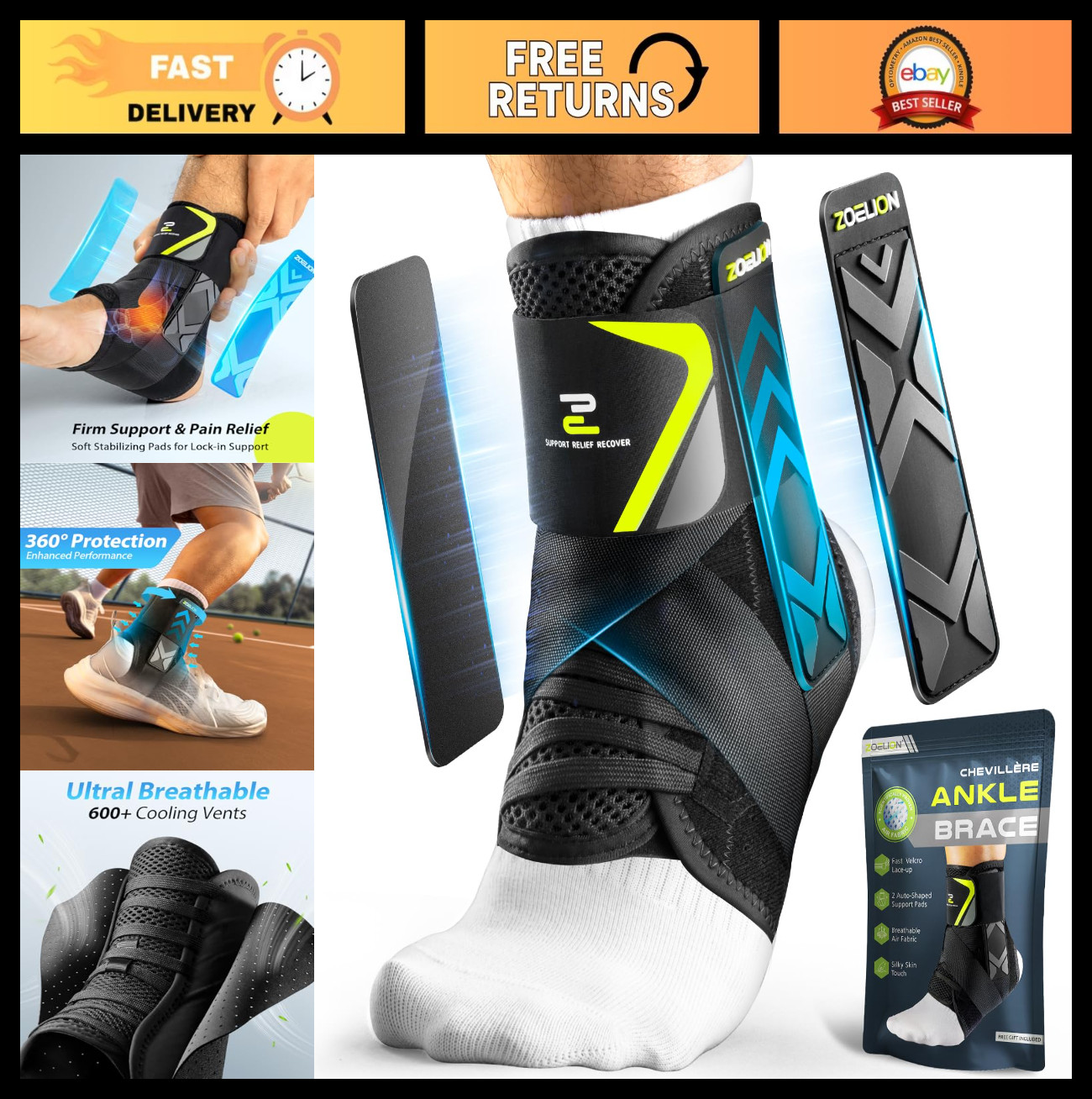 Ankle Brace for Men & Women – Slim Fit, Flex Support, Adjustable Stabilizer for