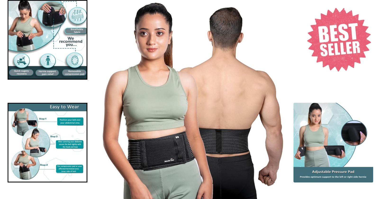 Lightweight Black Abdominal Binder with Removable Compression Pad – Large