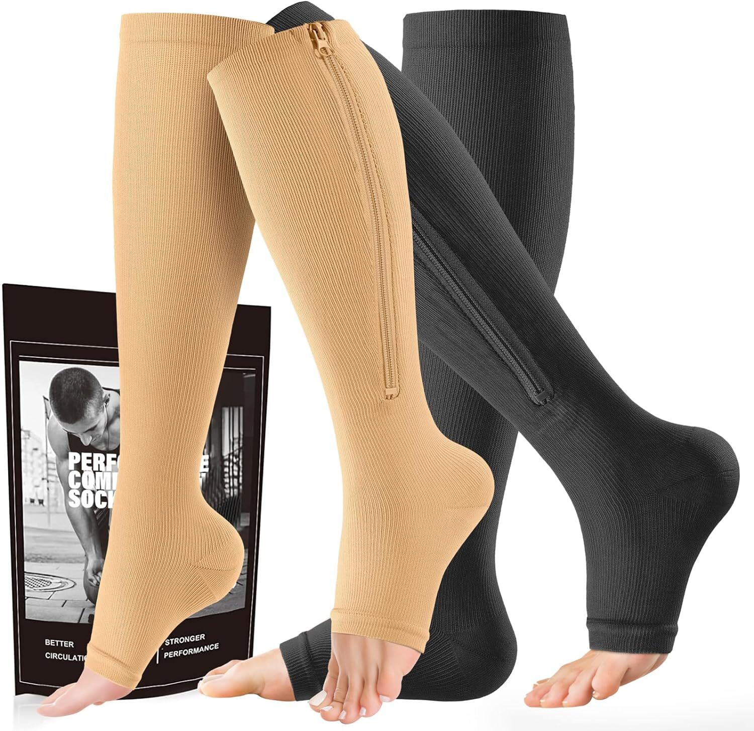 3 Pair Open Toe Socks Pressure Knee High Long Stocking Support for Leg & Muscle