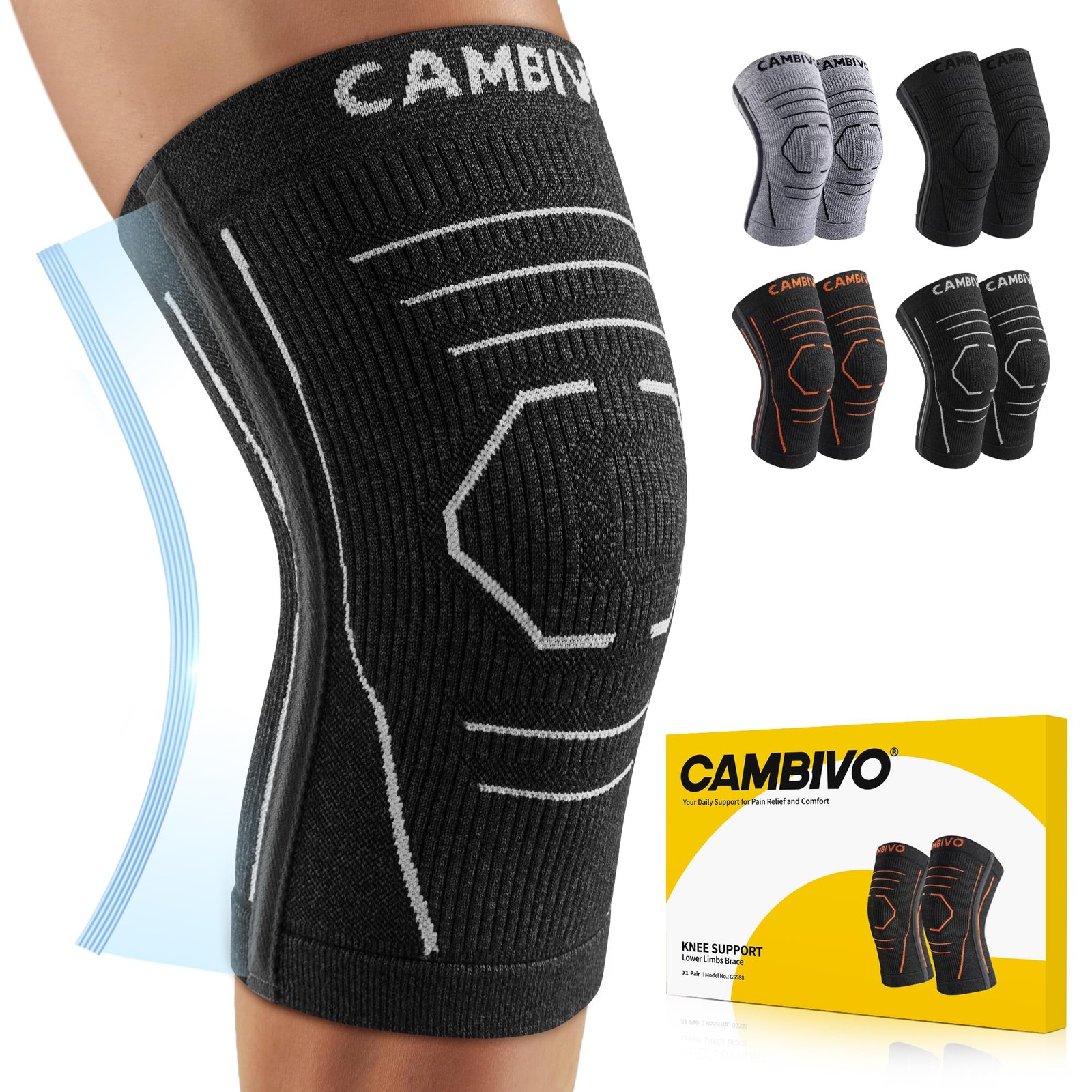 CAMBIVO Knee Brace 2 Pack, Knee Compression Sleeves, Dark Gray, X~Large