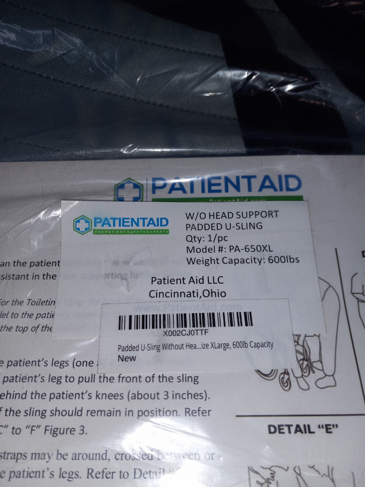 NEW! Patient Aid Padded U-Sling w/o Head Support Unisex Size: XL 600lb Capacity