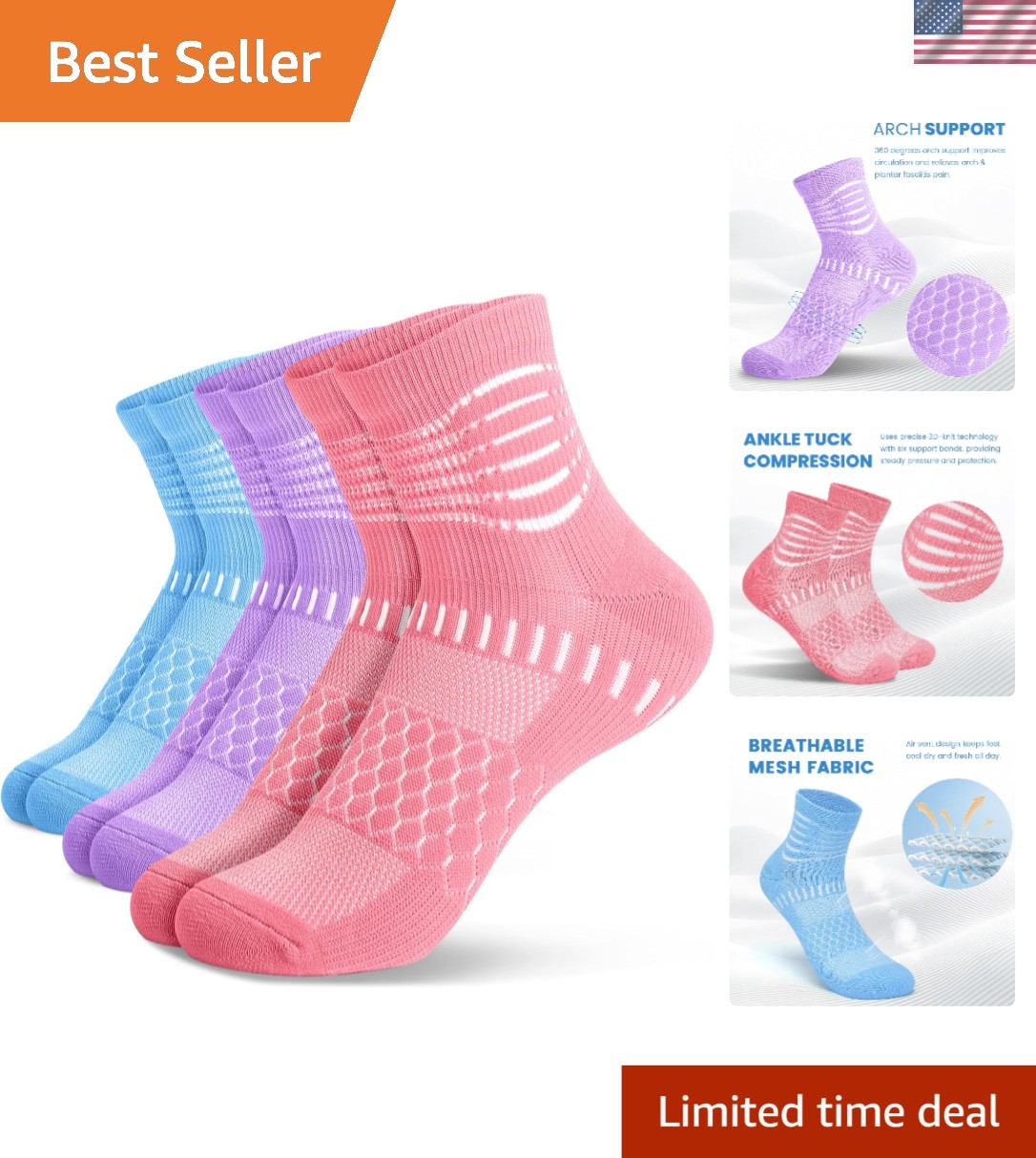 Ankle Compression Socks – Relief for Plantar Fasciitis with Cushioning – 3 Pairs