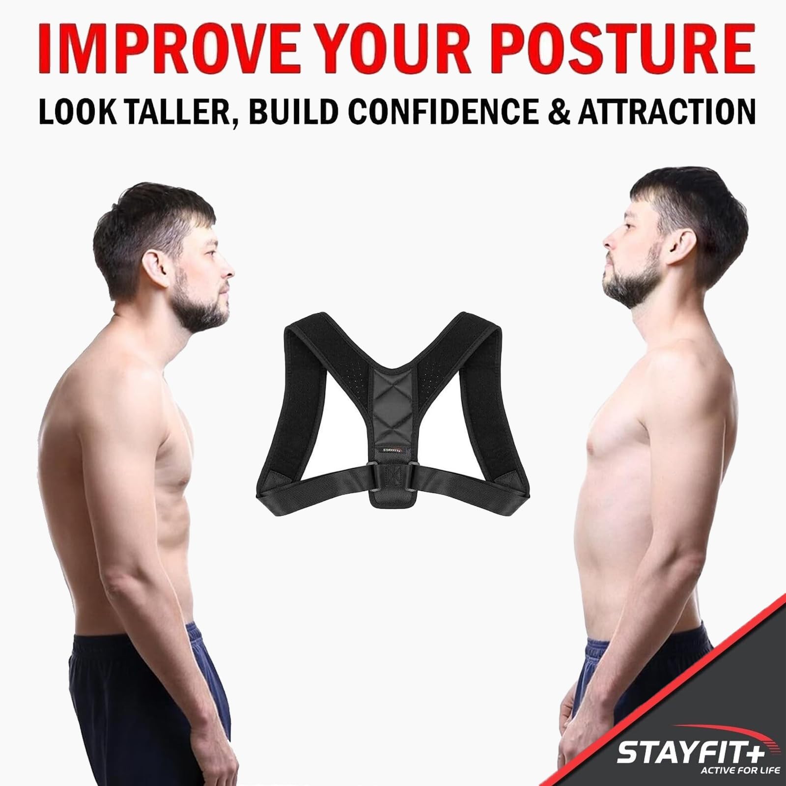 Stayfit Posture Corrector Unisex Back Brace, Adjustable Upper One Size, Black