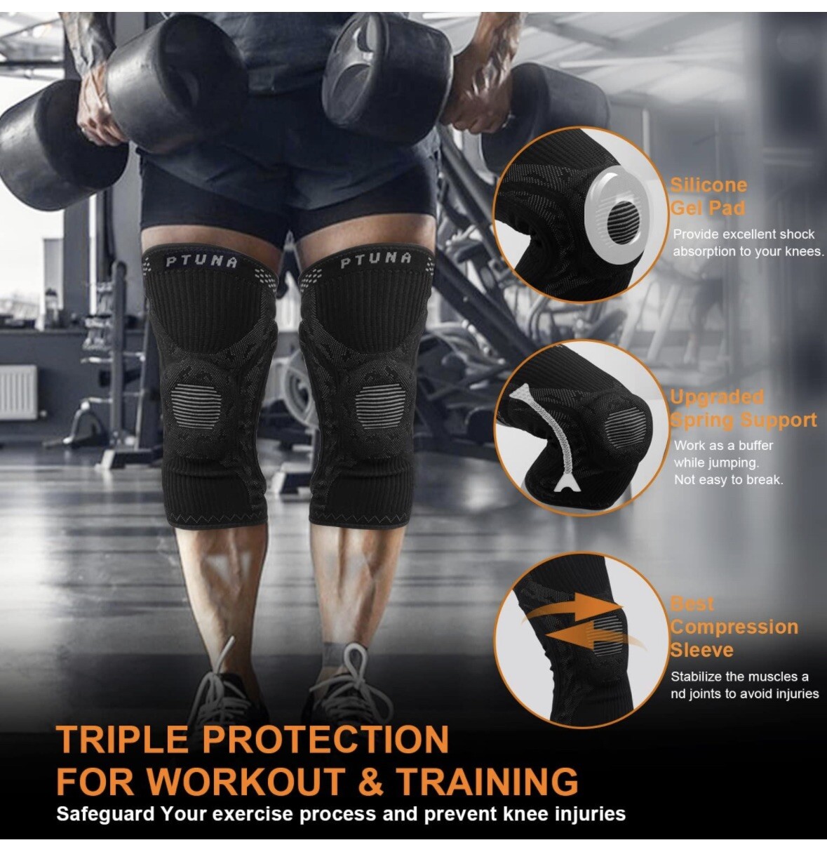 Knee Braces for Knee Pain, PTUNA Compression Knee Sleeve with Patella Gel Pad L