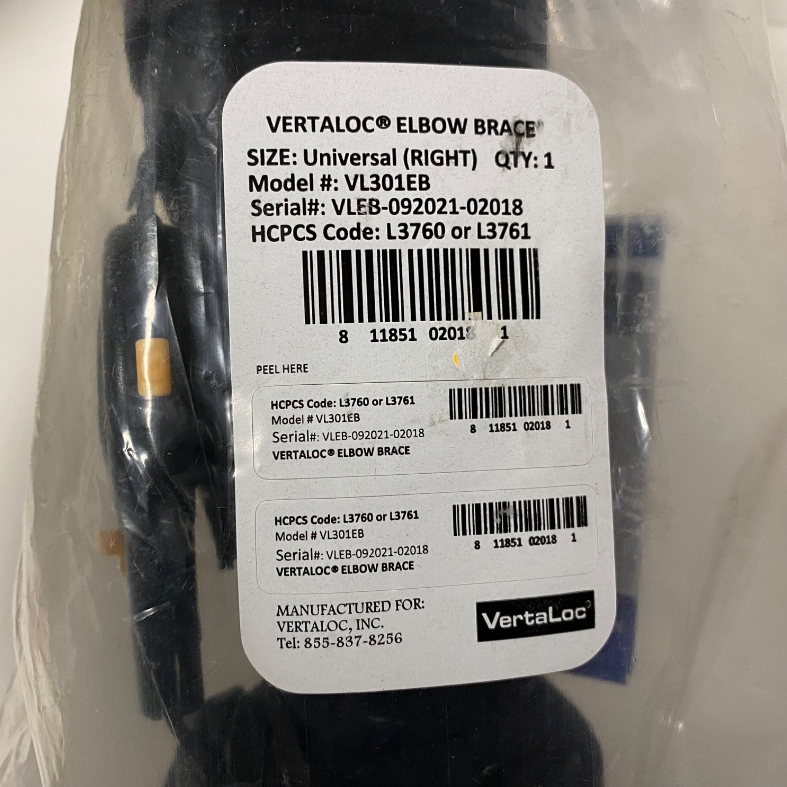 NEW! Vertaloc Elbow Brace Right • Black • Model VL301EB