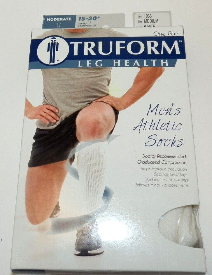 New TRUFORM Leg Health Men’s Knee High White Athletic Socks #1933 Medium