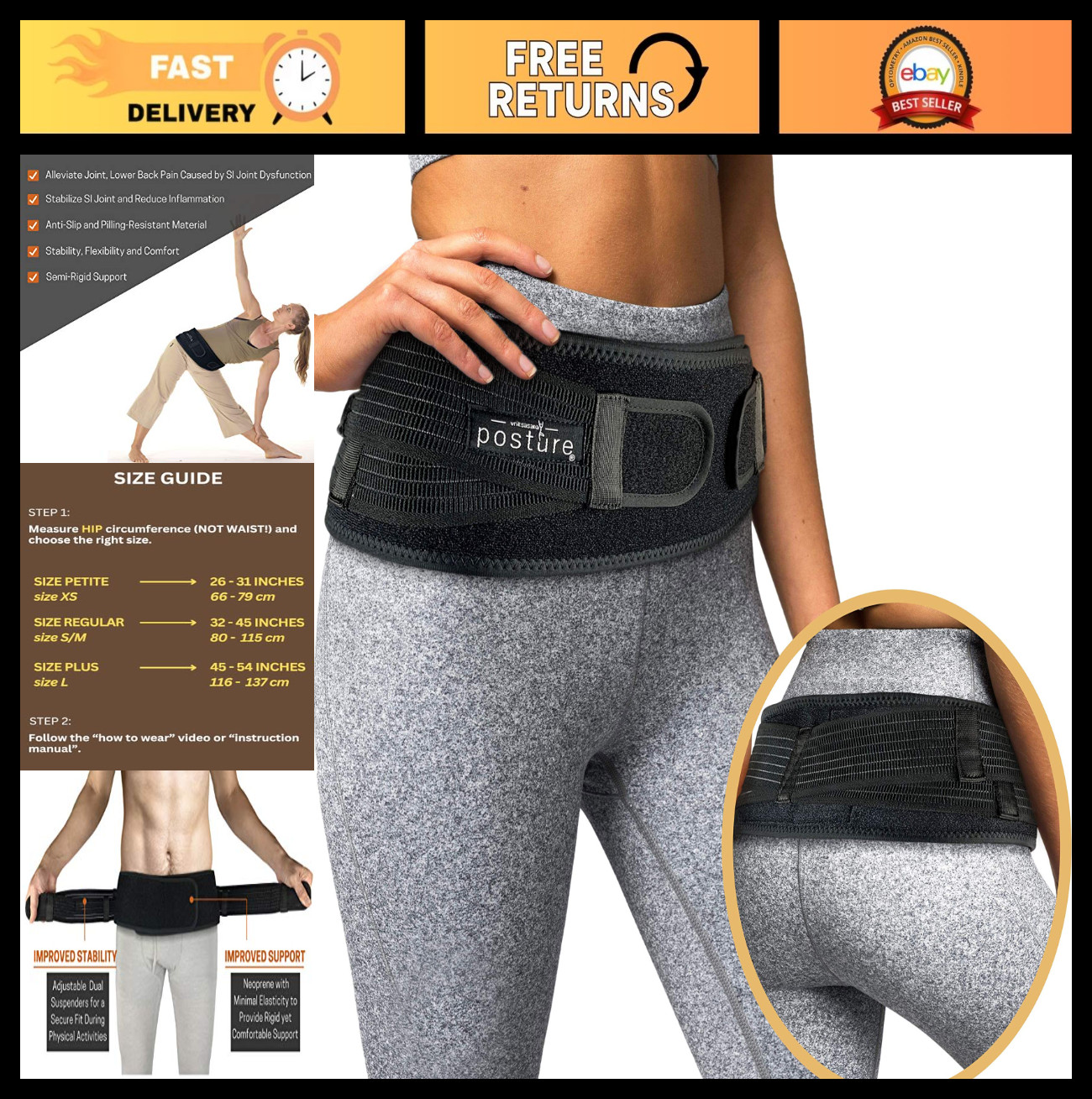 Sacroiliac Hip Belt for Sciatica Relief | Pelvic & Lower Back Pain Support, Blac
