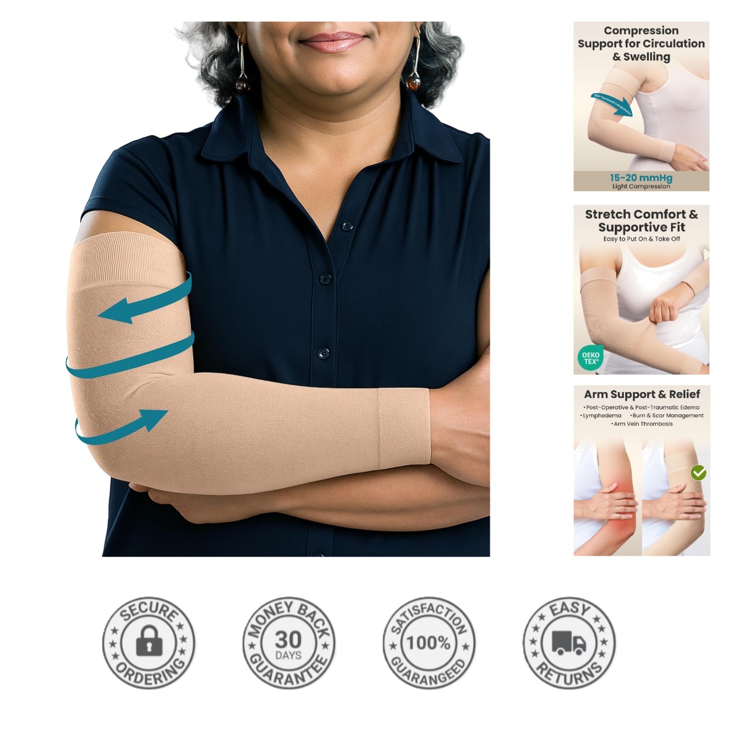 Comfort Fit Compression Arm Sleeves for Swelling Relief – Beige 15-20 mmHg