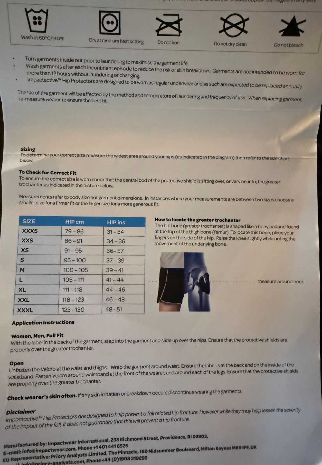 IMPACTIVE Hip Protectors, Garment intended to reduce force impact to Trochanter