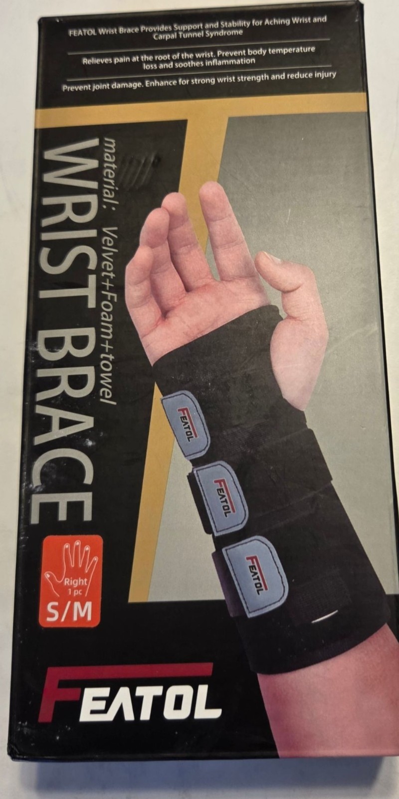 Featol Wrist Brace S/M Right Hand Support For Carpal Tunnel Pain Sprain Sports B