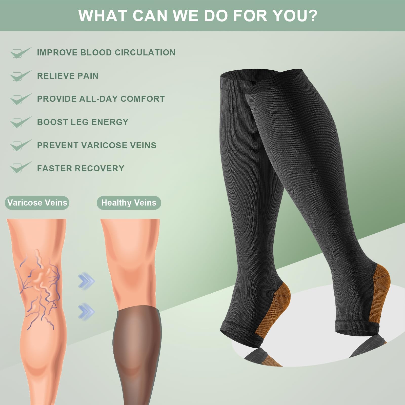 3 Pack Copper Compression Socks for Women&Men, 20-30mmHg Open Toe Knee High S…