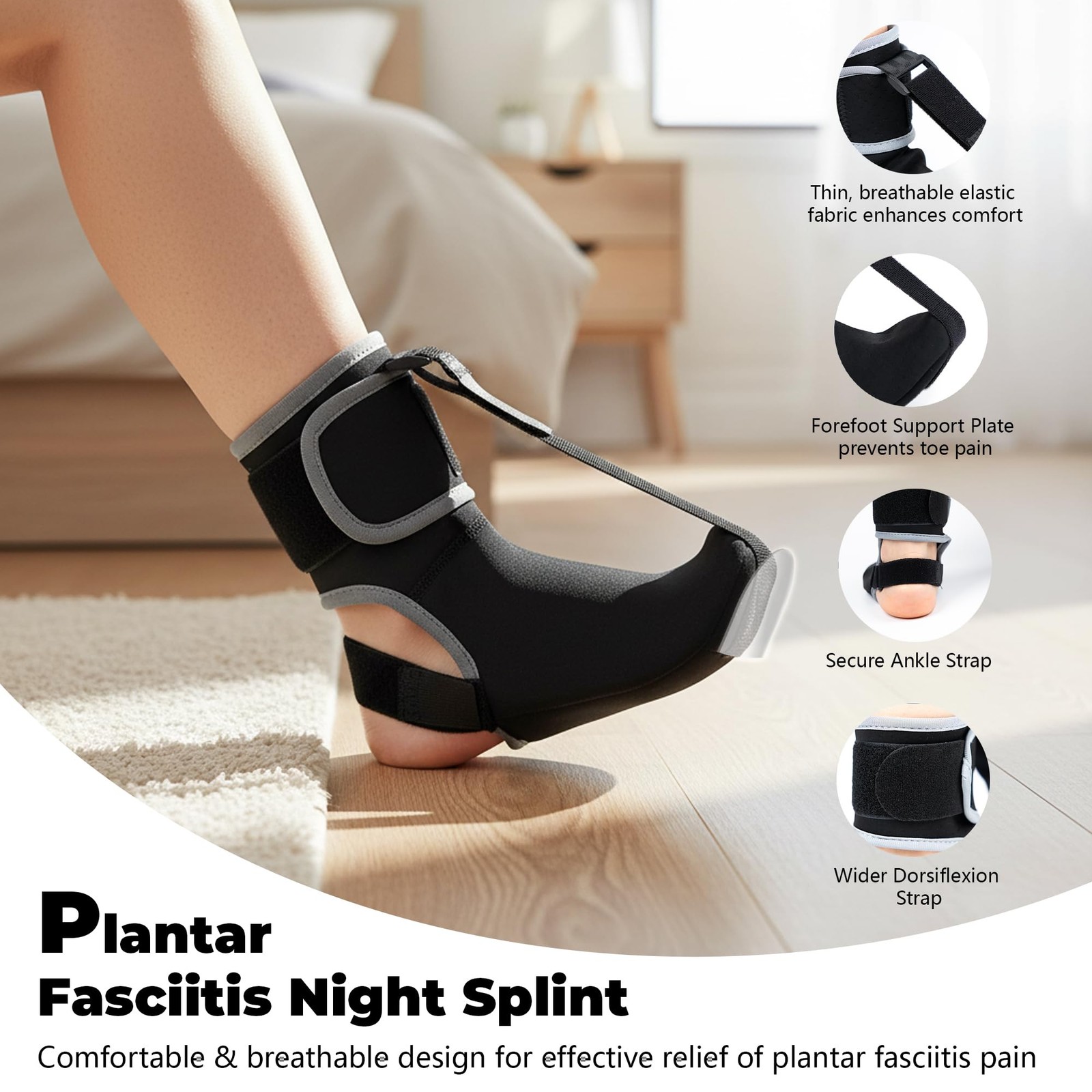 CHJOD Plantar Fasciitis Night Splint Sock – Adjustable Planter OSFA, Black