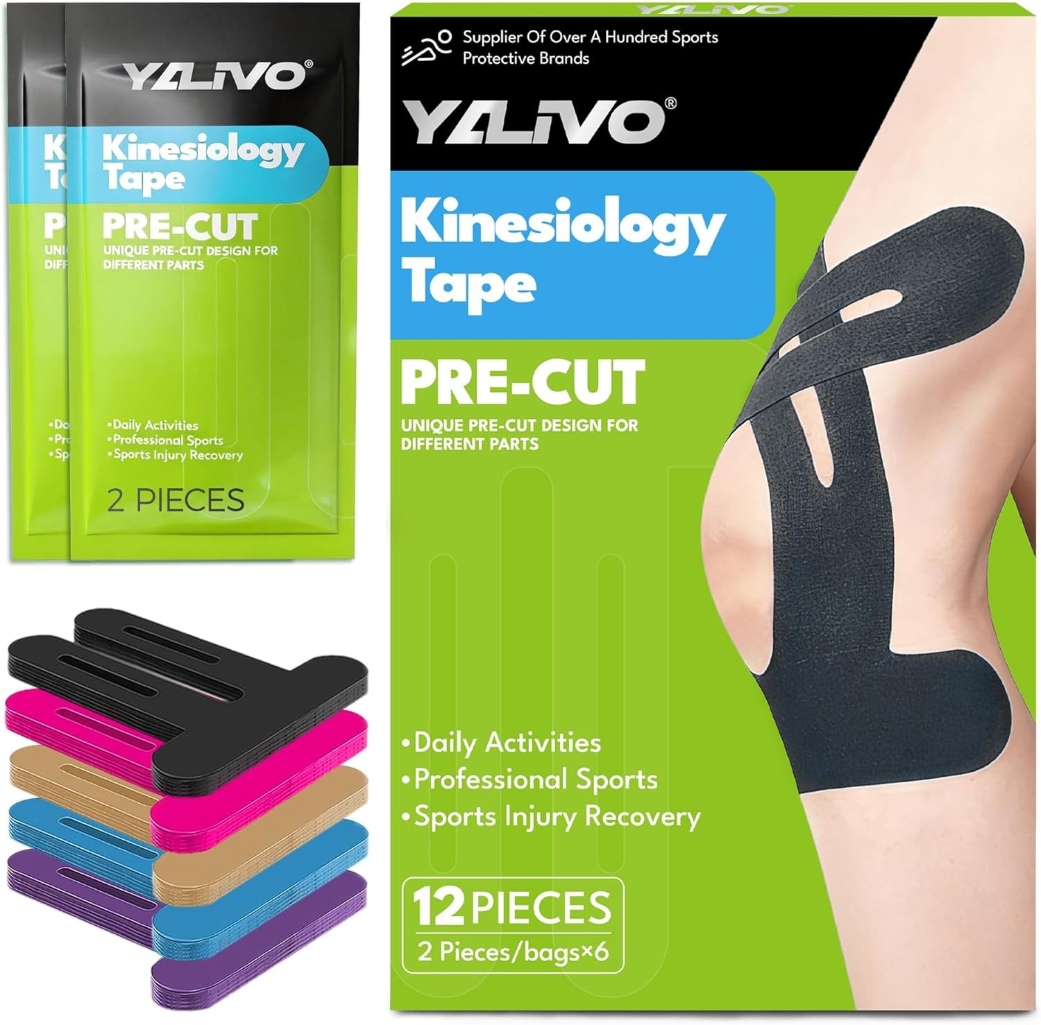 Precut Kinesiology Tape for Knees, 12 Pcs Individual Packeaged – Knee Support &