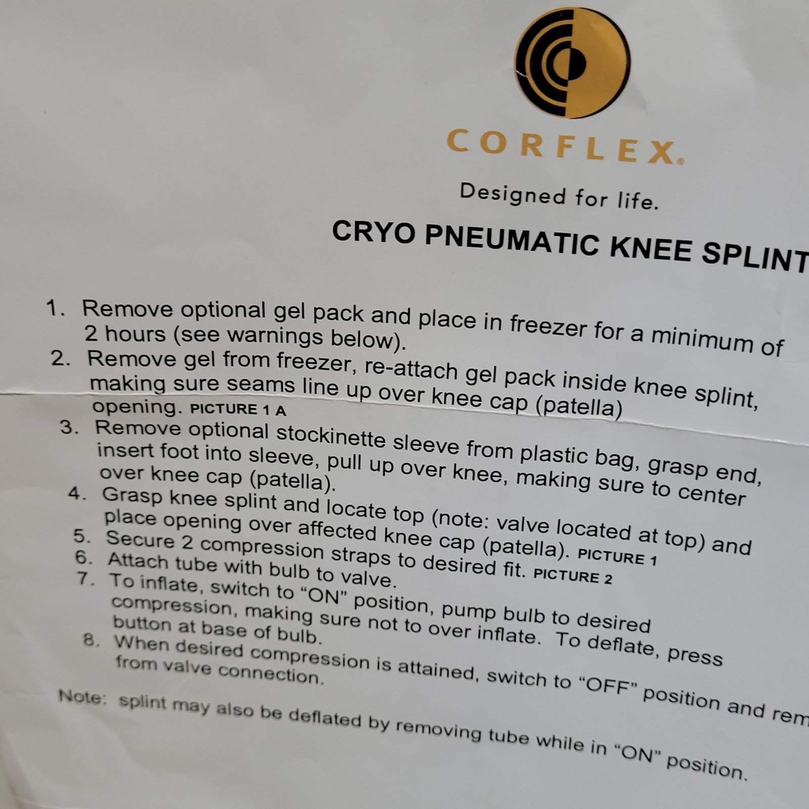 CORFLEX Cryo Pneumatic Knee Compression Sleeve With TWO Gel Pads FREE SHIPPING
