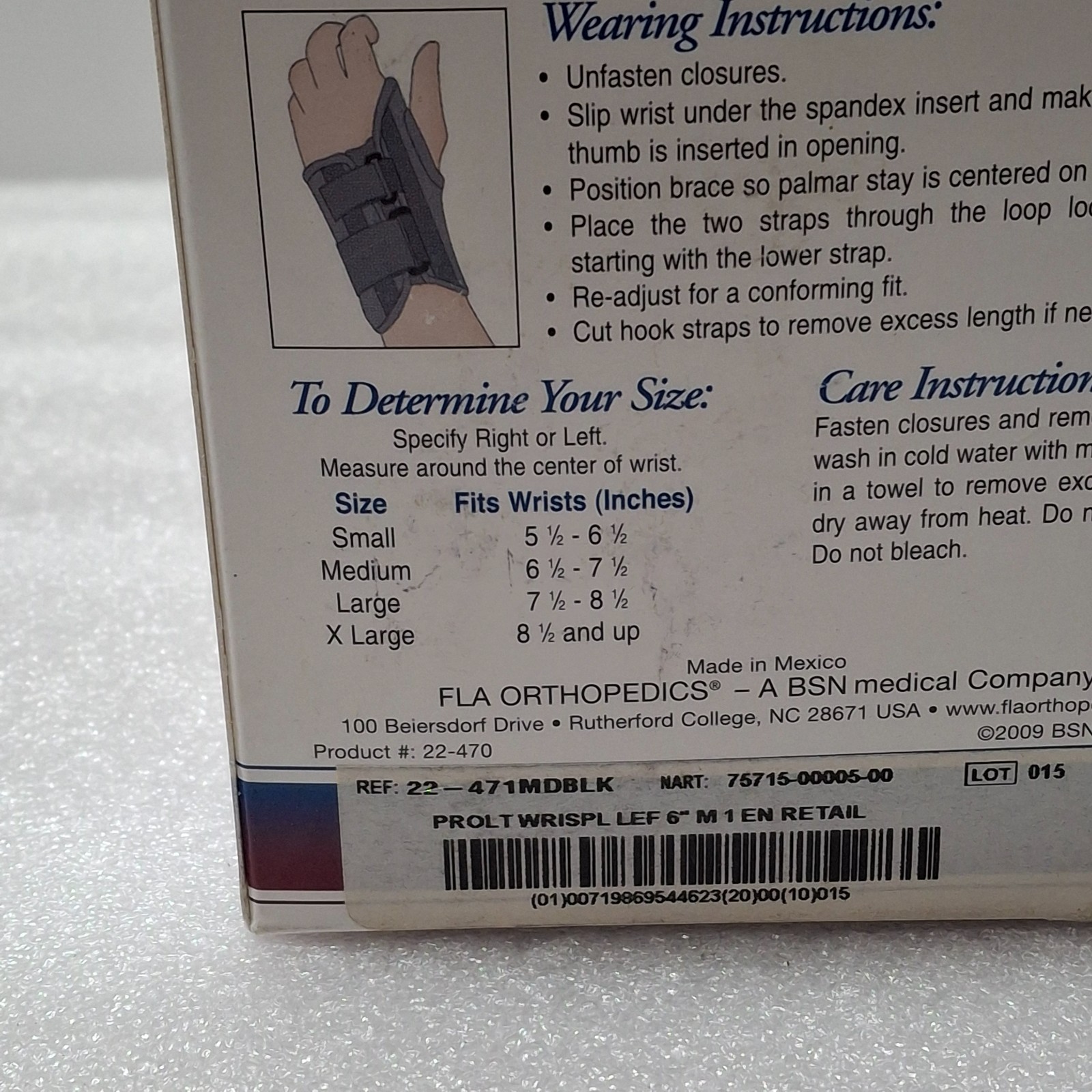 FLA Low Profile 6″ Wrist Splint Left Hand Black Medium New In Box