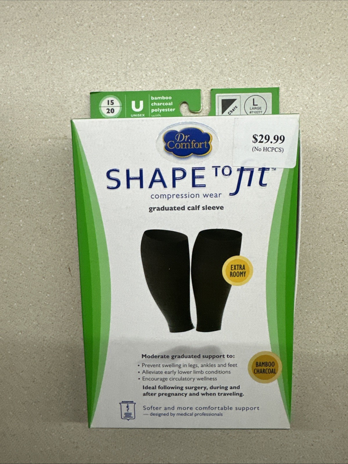 Dr. Comfort 15/20 Large Comp. Calf Sleeve Shape to Fit (unisex, bamboo, charc)