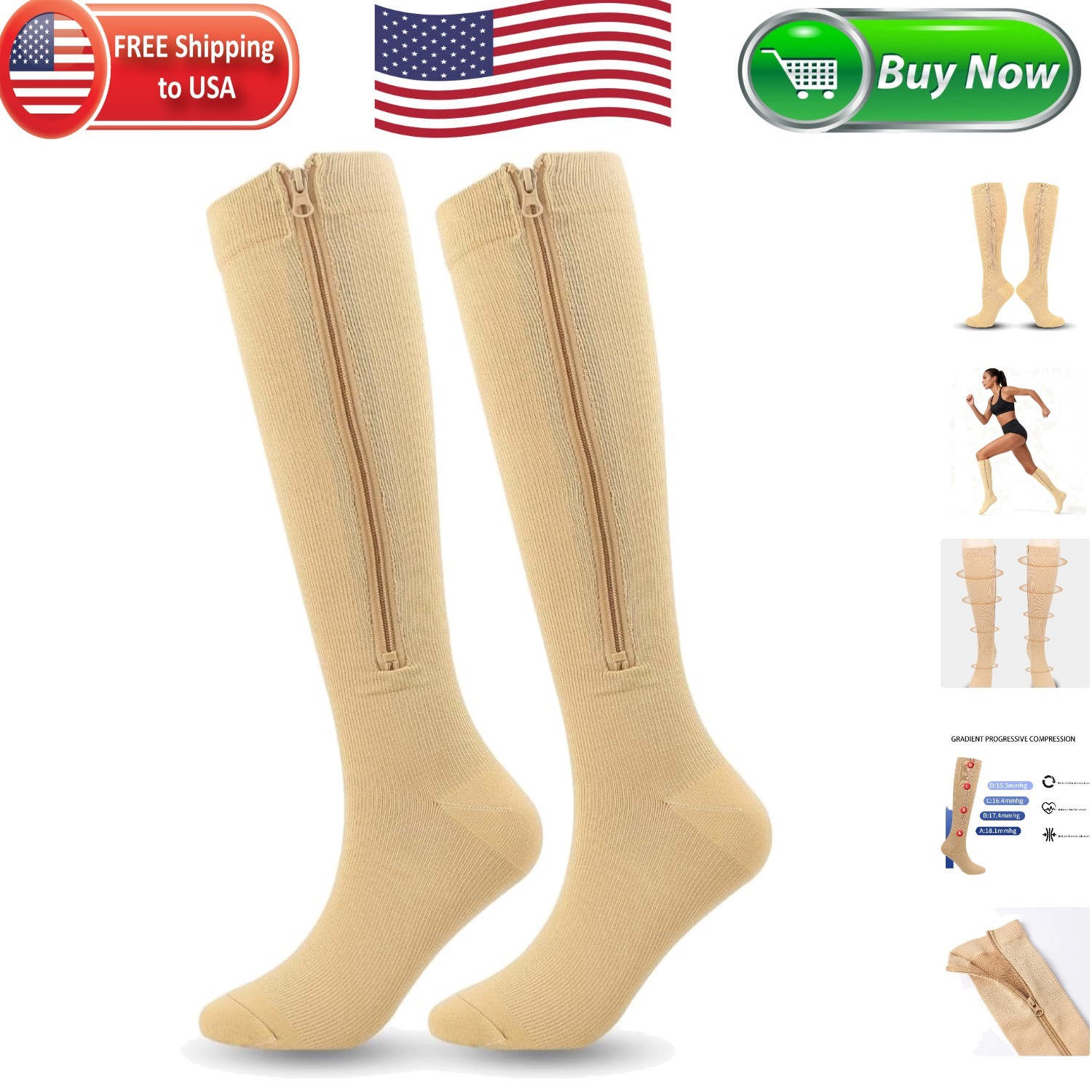 Nylon Zipper Compression Socks Support Graduated Stockings Mens Womens 20-30mmHg