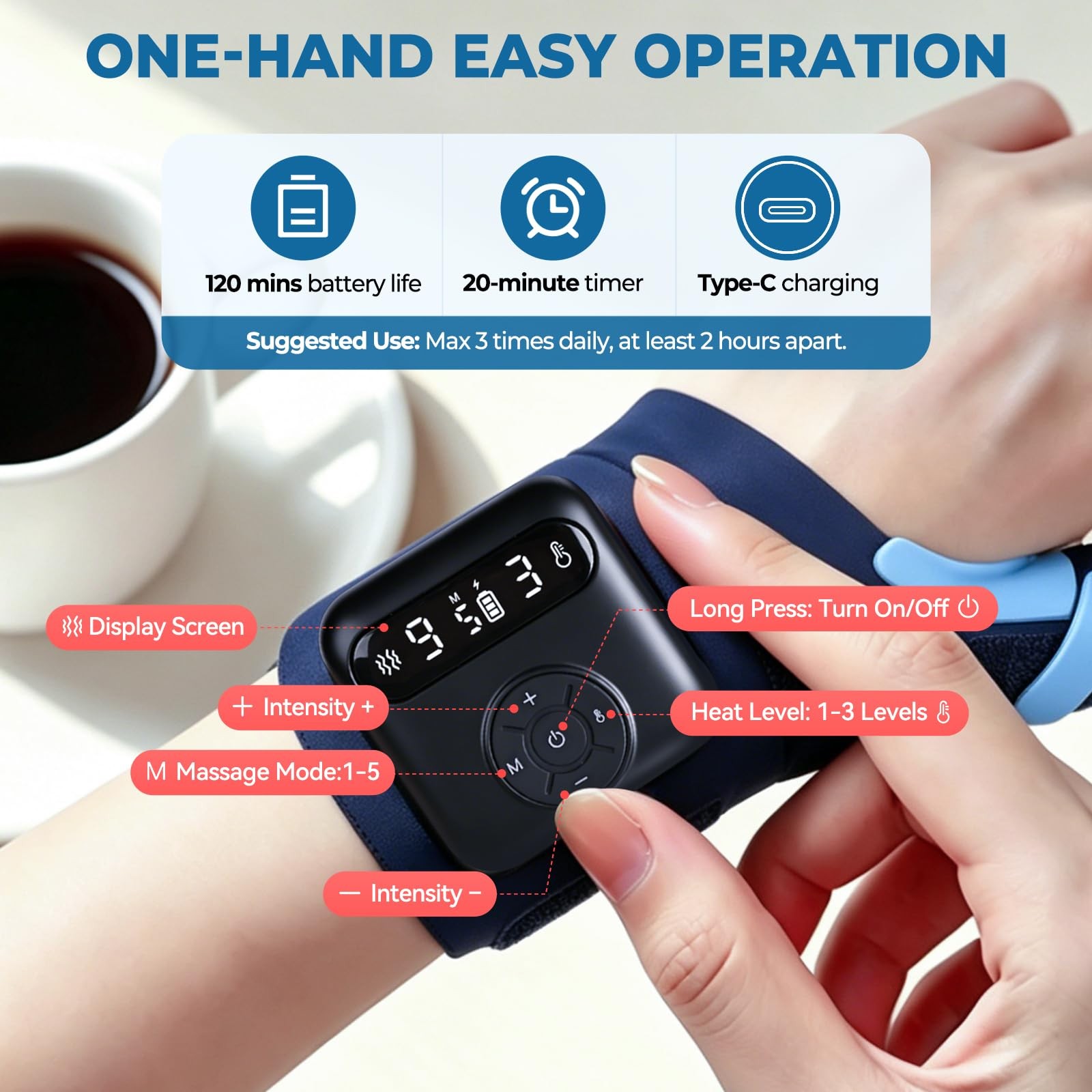 TENICORE Cordless Wrist & Thumb Supports Brace with Heat & Massage