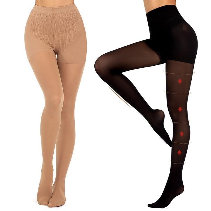 2 Pairs Compression Pantyhose for Women Shaping Black Tights 10-15mmHg Suppor…