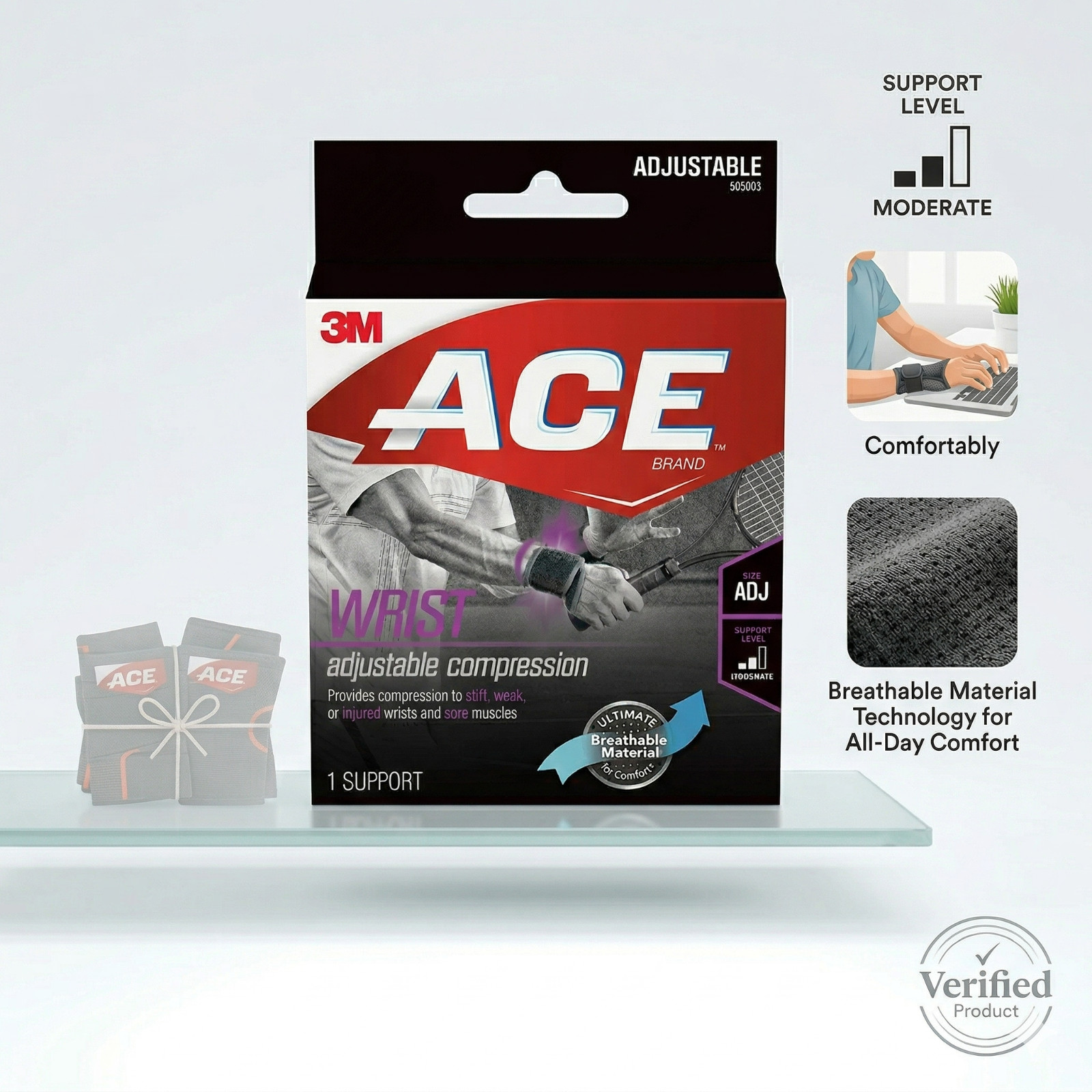 ACE Brand Adjustable Wrist Support Black Compression Wrap Brace Carpal Tunnel