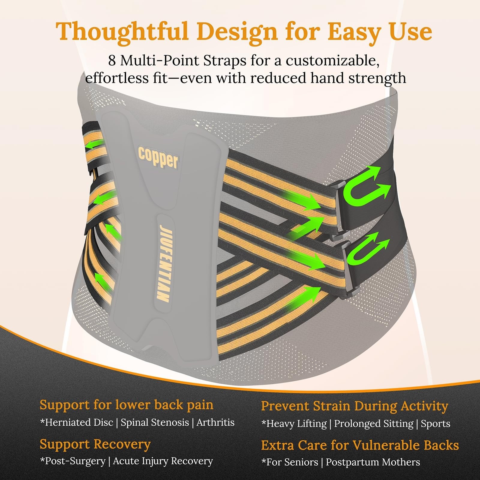Ultra Breathable Copper Lower Back Brace with Removable Spine Rods & Therapy Poc