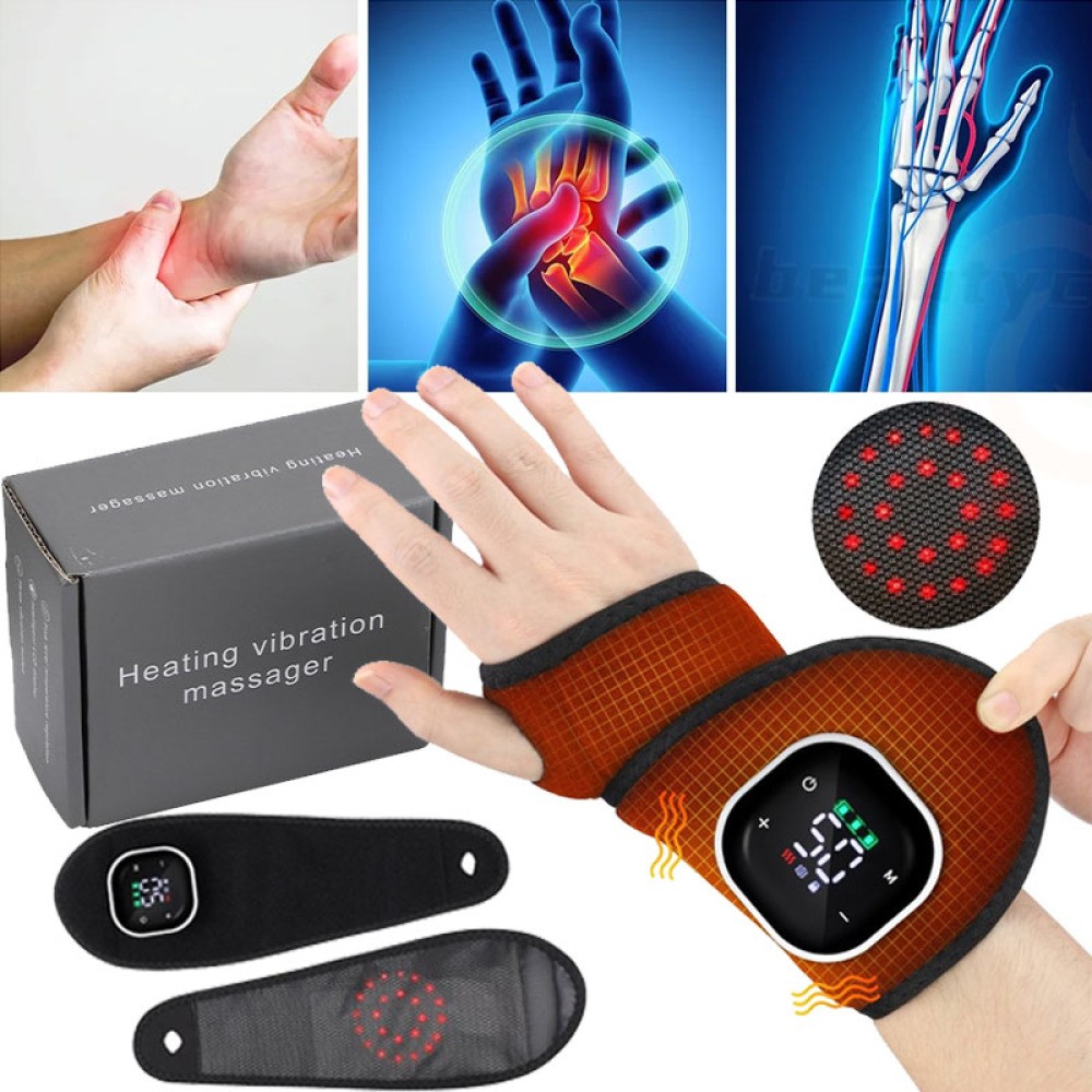 USB Rechargeable Heated Wrist Brace Wrap Hand Massager Vibration for Pain Relief