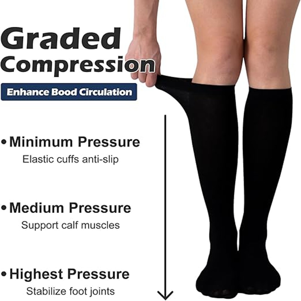 3 Pair Compression Socks Wide Calf – Nylon Spandex Knee High Support Stockings