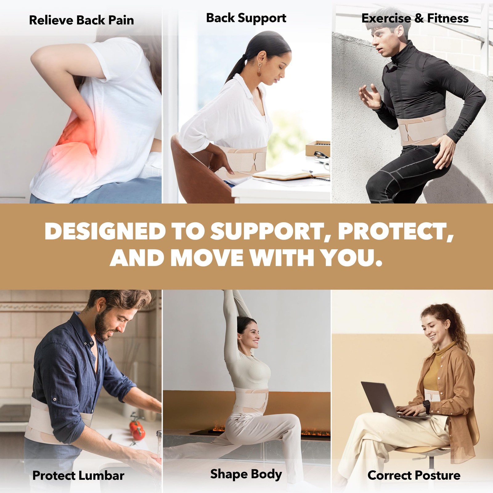 Medium Beige Slim Fit Lower Back Brace UltraThin Ergonomic Resin Support