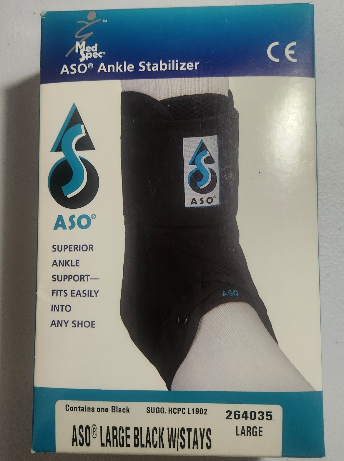 ASO Ankle Stabilizer Brace Large Black w/ Stays Fits Left or Right MPN 264035