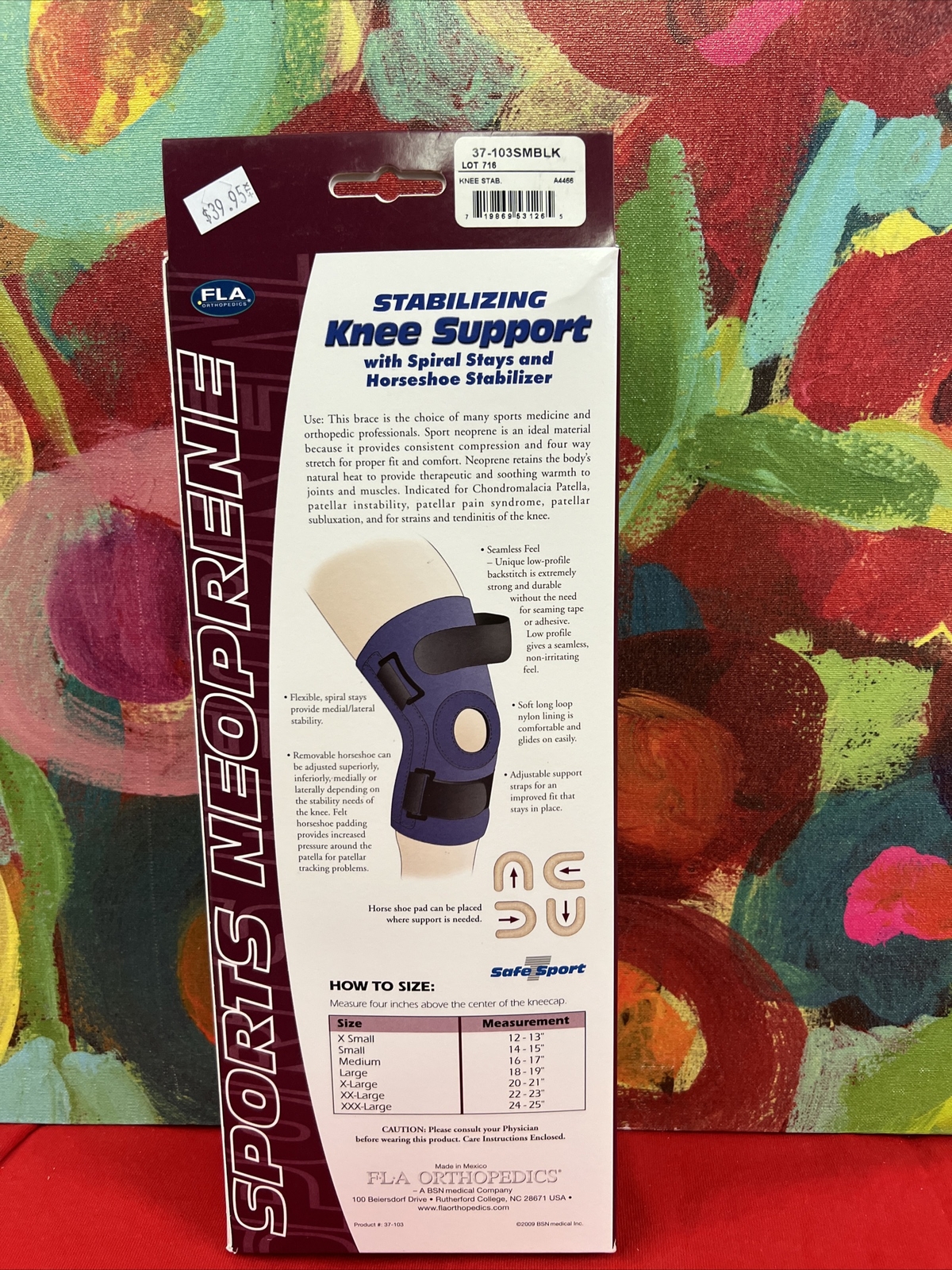 FLA Stabilizing Knee Support w/Spiral Stays & Horseshoe Stabilizer Small Blk NIB