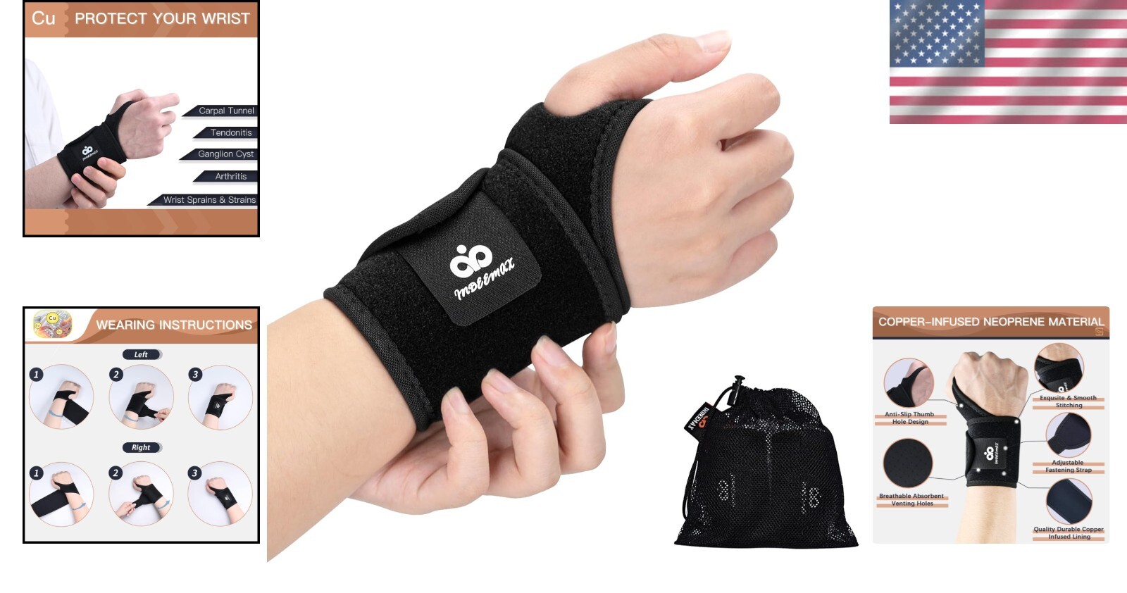 2 Pack Adjustable Copper Wrist Brace for Carpal Tunnel & Arthritis Pain Relief