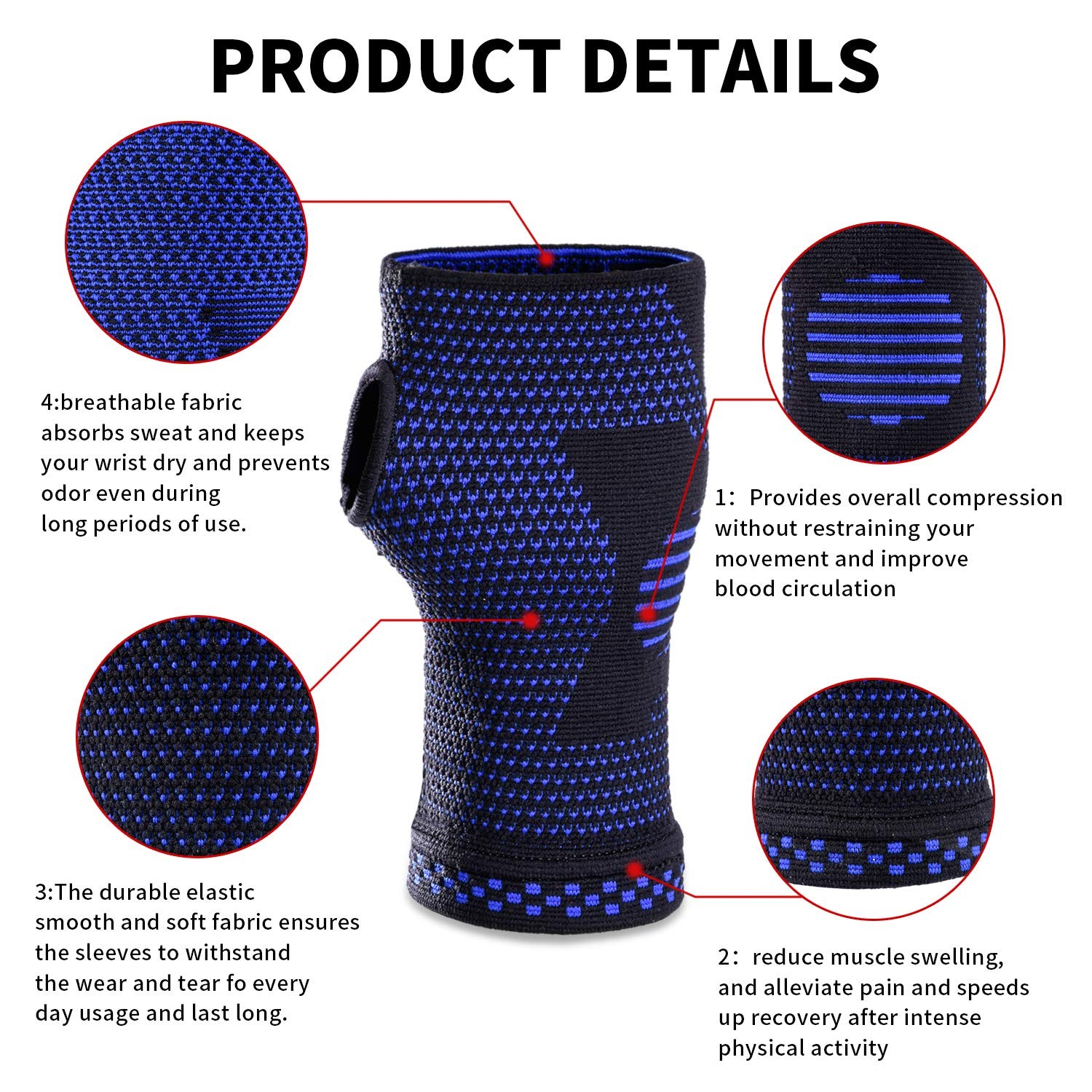 ABYON Wrist Compression Sleeves (Pair) for Carpal Tunnel and Pain Small, Blue