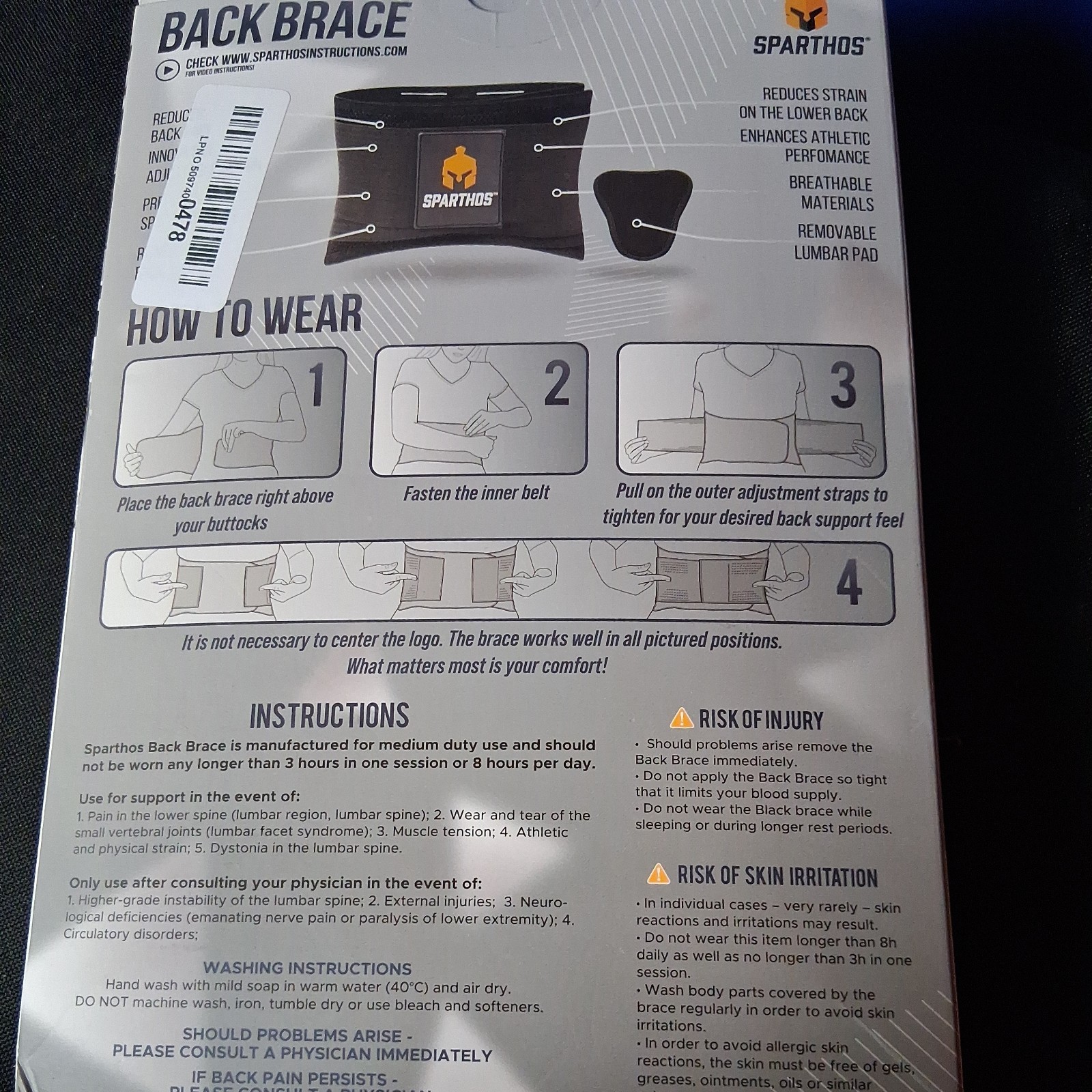 SPARTHOS Lower Back Brace Small Black Adjustable Support Lumbar Pad open box
