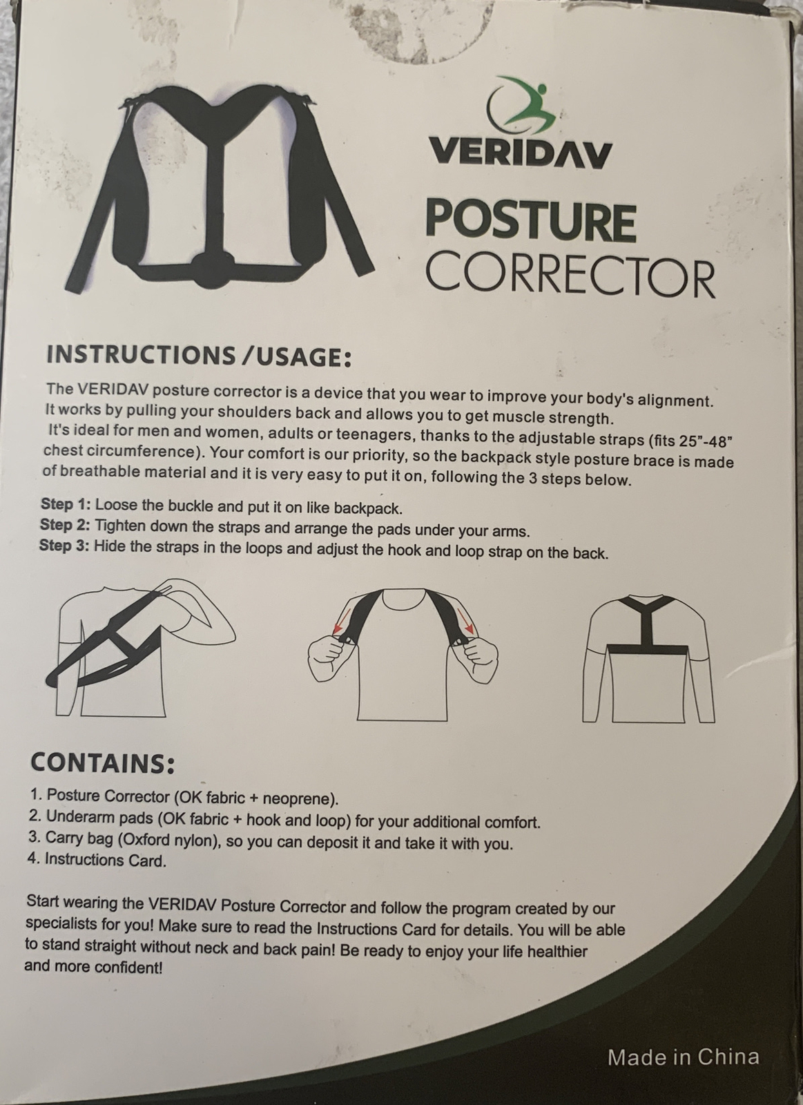 Veridav Posture Corrector Reduces Neck/Back Pain Unisex Black Fits 25”-48” Adjus