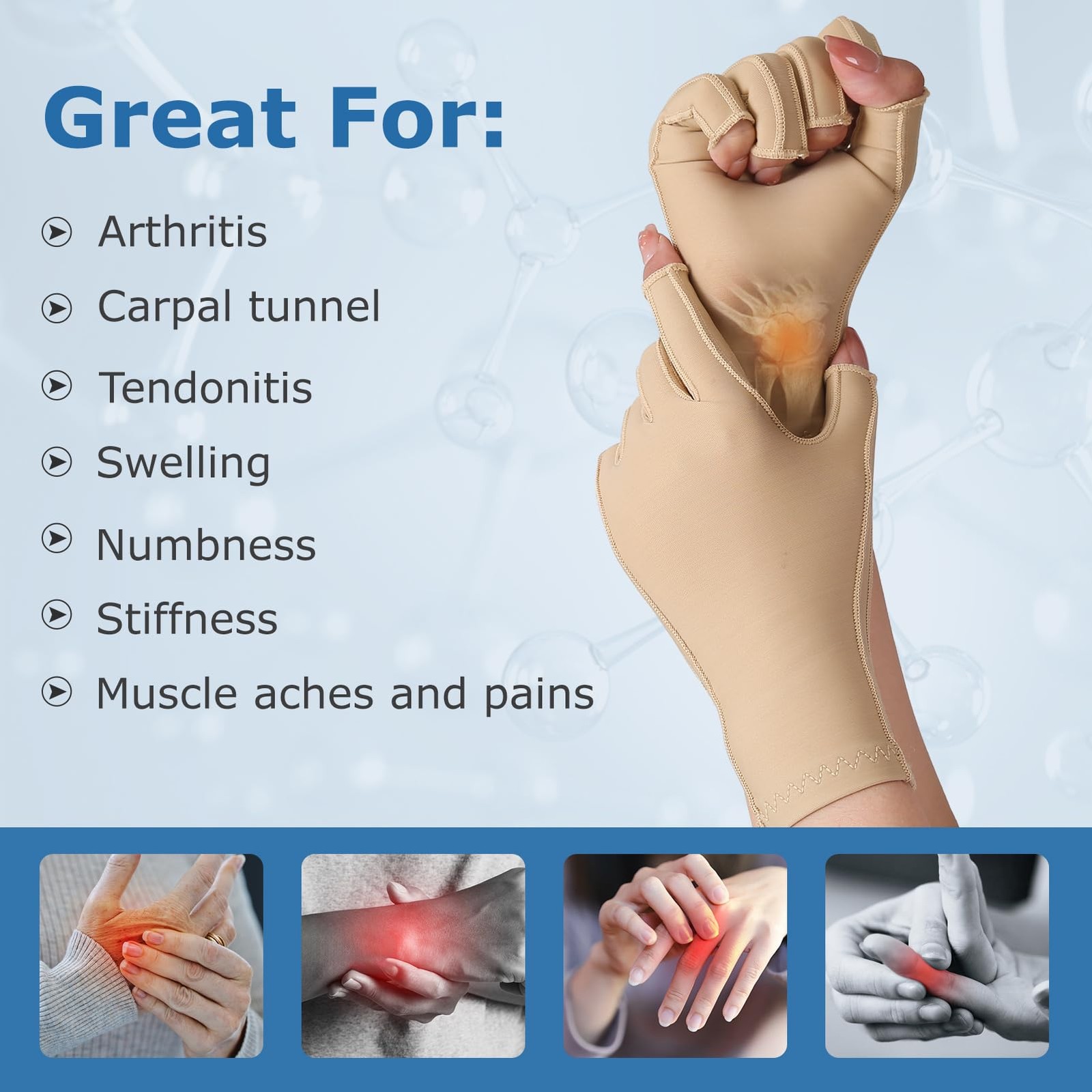 NURCOM Compression Arthritis Gloves, Open Finger, Beige M | Carpal Tunnel, Tendi