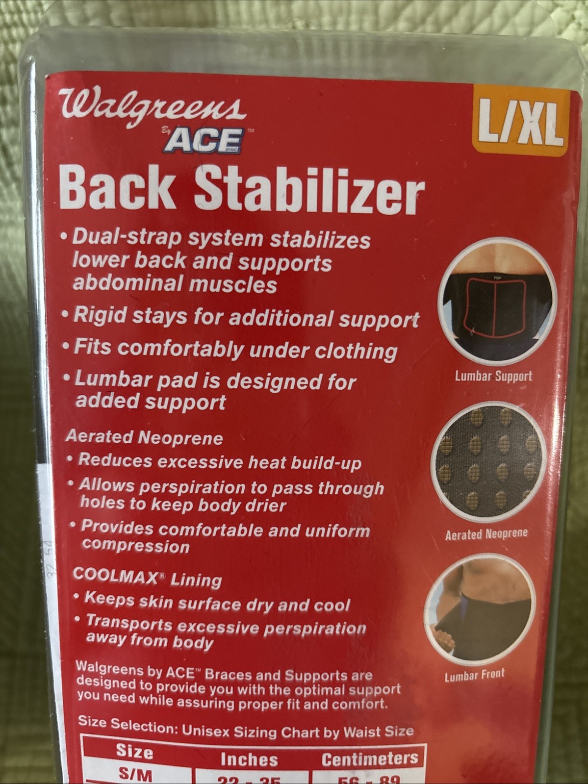 Walgreens Deluxe Back Stabilizer Support Belt Dual Adjustable Strap Size L/XL