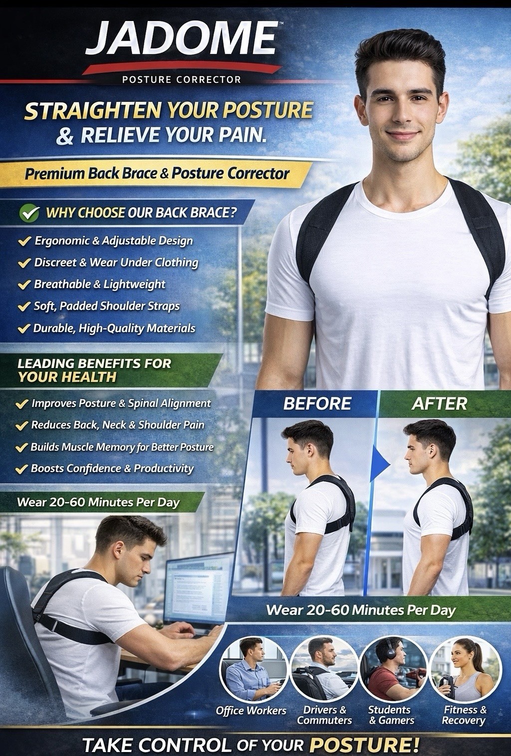 JADOME Adjustable Breathable Back Shoulder Posture Corrector One Size Black
