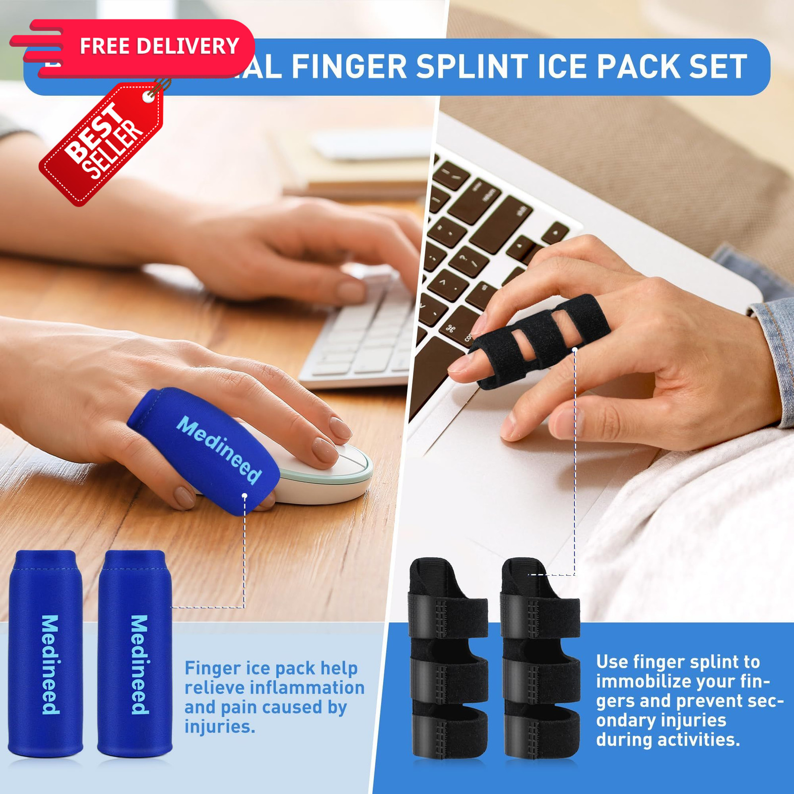 Medineed 2PCS Finger Ice Pack & Trigger One Size, Blue+Black