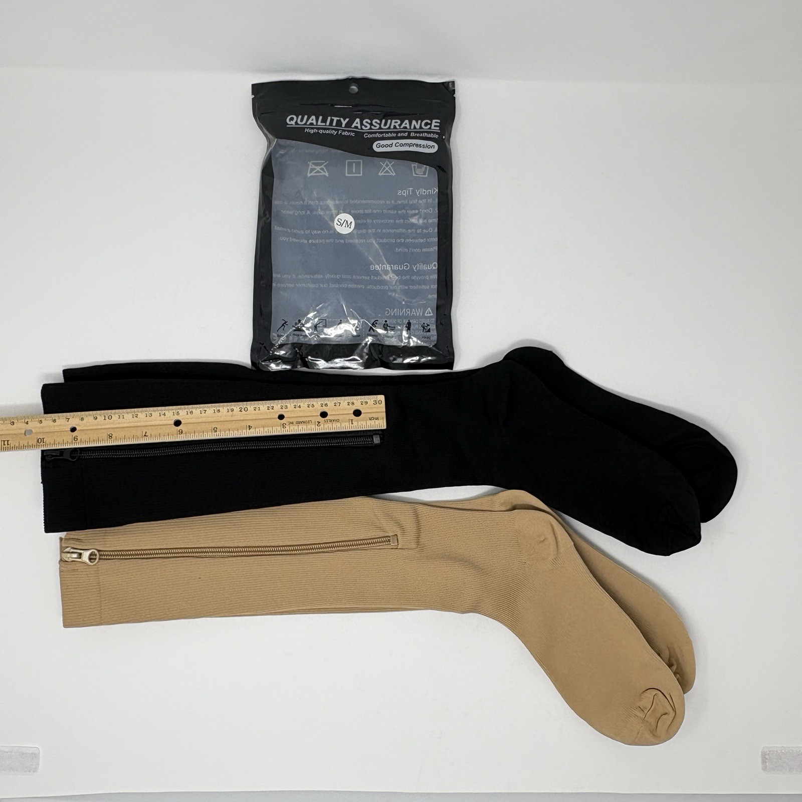 Compression Socks Womens S/M 2 Pair Beige & Black Zipper unused socks open bag
