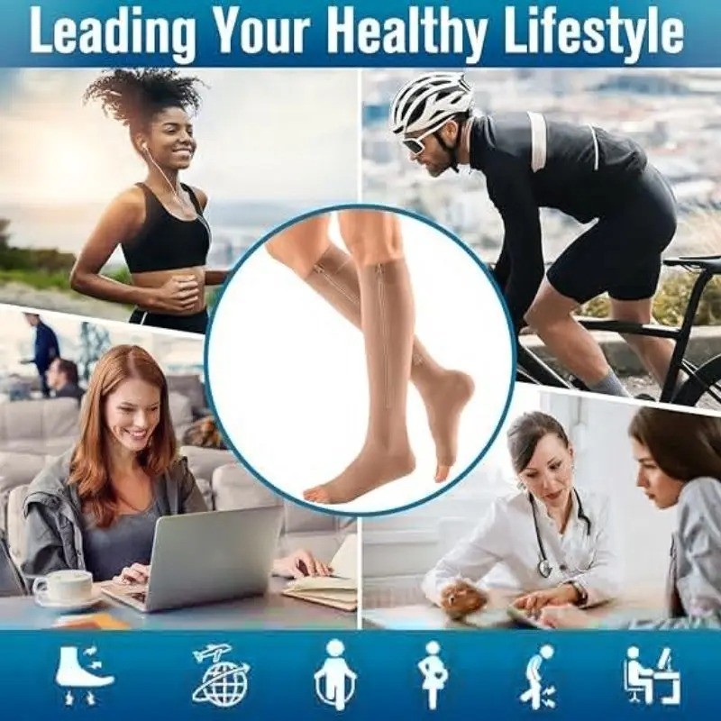 Zipper Open Toe Compression Socks 20-30mmHg Calf Leg Ankle Support Stocking USA