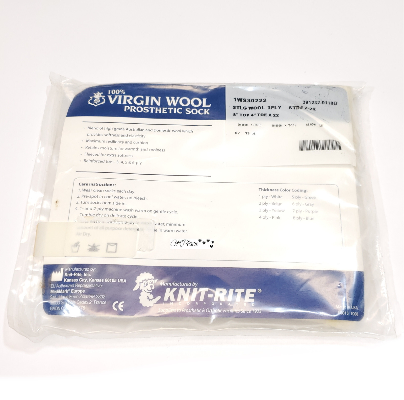 Knit-Rite Super Sock Prosthetic Sock 100% Wool 8″ Top 4″ Toe x 22″