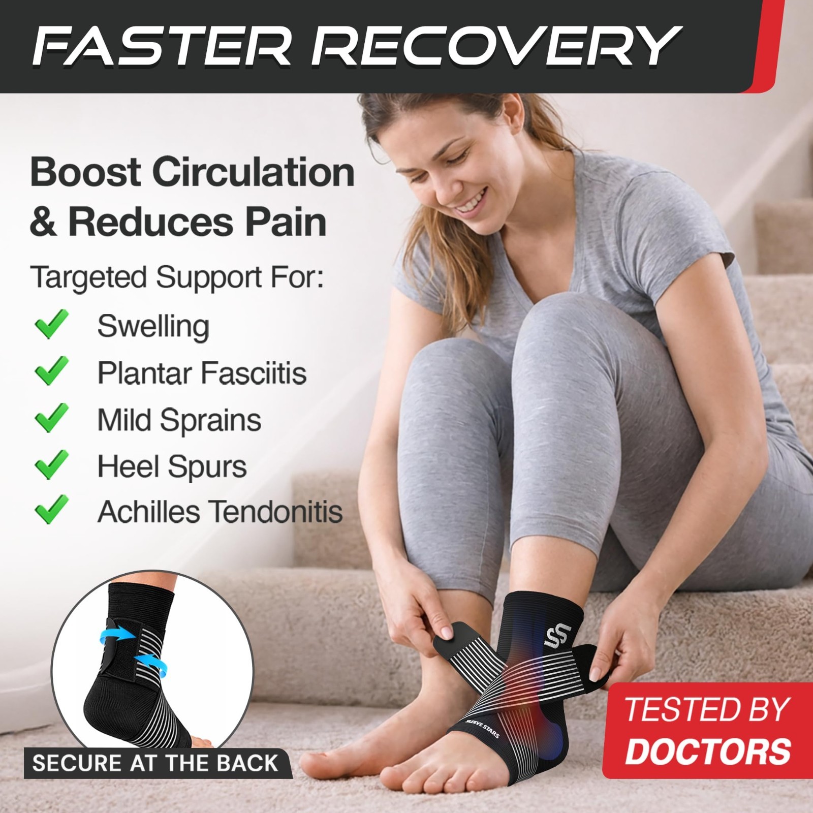 Ankle Brace Compression Sleeve for Sprains & Plantar Fasciitis Relief, Adjustabl